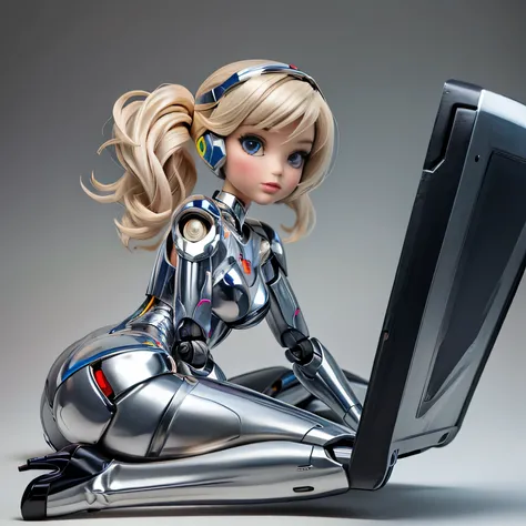 robot babe tight high boots like part from her body, metallic chromed body of cyborg robot, with plastic barbie doll face with longer hair, look at me from behind, full body lying down, lying down, lying down to side, show the high heels , show the boots f...