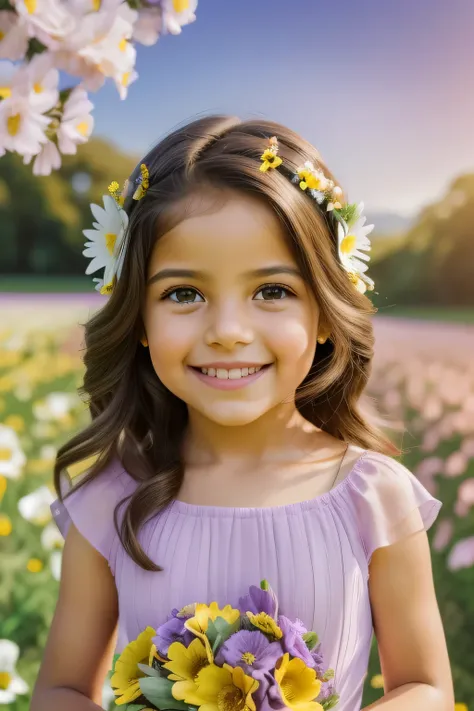 A 3 year old   (((sorrindo))), (((symmetrical, pose frontal))), (((vestido delicado))), 8k foto retrato suave, (((hugging a bouquet of flowers))), Por Lilia Alvarado, linda pintura digital,  bonita, retrato bonito da , foto retrato close-up, medium portrai...