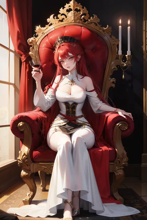 A luxurious girl with fiery red hair and rosy eyes sits on a medieval throne, her snow-white skin contrasting with the dark surroundings. She wears provocative clothes that tantalize yet do not fully reveal her body. In one hand, she holds a glass of deep ...