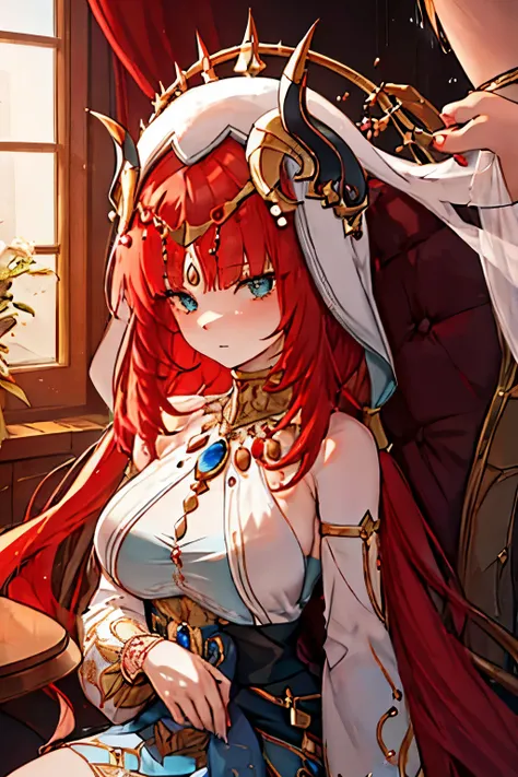 A luxurious red-haired girl reclines on a grand medieval throne, her radiant cheeks accentuated by her ruby-red eyes. Her flawless, snow-white skin is adorned with intricate jewelry and delicately detailed hands. Despite the provocative nature of her outfi...