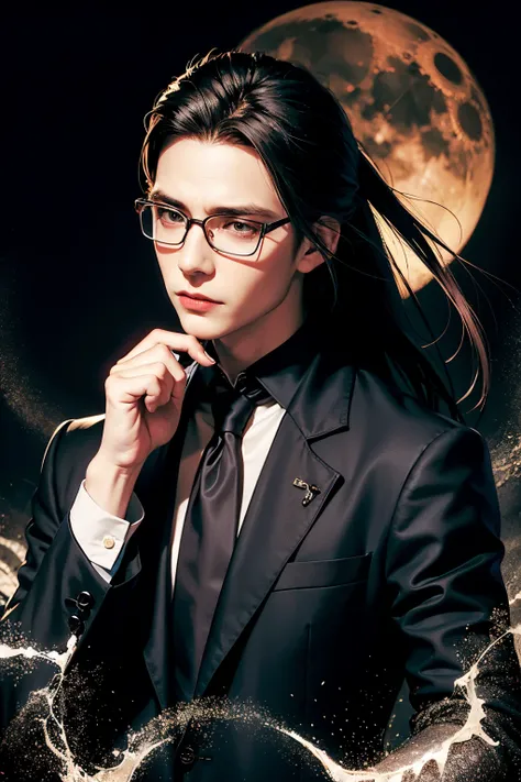 best quality, high resolution, vampire, Wear glasses, man, half body, Long black hair tied up, darkness, handsome, blood, moon, castle, Vampire, Man