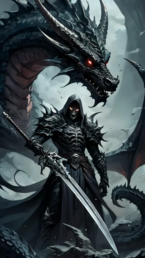 A closeup of a person holding a sword in front of a dragon., Demonio masculino en forma con cuernos blancos., beautiful male Dios de la muerte, demon lord, Epic fantasy character art.., dark fantasy character design, Dios de la muerte, Dark fantasy style a...