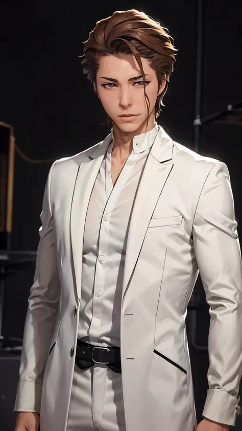 （（（完美figure，figure，man，solo，（（（White clothes，white coat，）））， （（（Aizen，Brown short hair, brown pupils,））），((masterpiece)),high resolution, ((Best quality at best))，masterpiece，quality，Best quality，（（（ Exquisite facial features，Looking at the audience,There ...