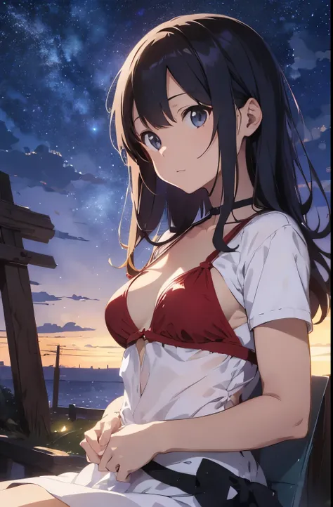 Japanese anime style,Young girl, Red Bikini、Red Bikiniを着ている,背景には大きな一枚ガラスから美しいStarry Skyが広がっています, Starry Sky、The girl has a relaxed look, Capture the calm and quiet atmosphere of the night、Anime girl sitting on a white chair looking at the sky, Makoto Shink...