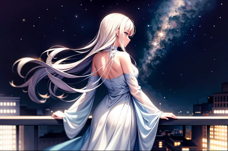 A breathtaking shot of a person standing on a balcony observing stars, pixel art, lovely, dark, beautiful, masterpiece, video game design. Rim lighting, dim lighting
