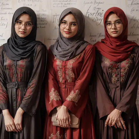 three women wearing hijabs stand in front of a wall, red and grey only, lovely, arabic, malaysian, hijab, sakimi, black and red silk clothing, emir, high quality portrait, beautifully, islamic, modest, black and red only, red + black + dark blue + beige, m...