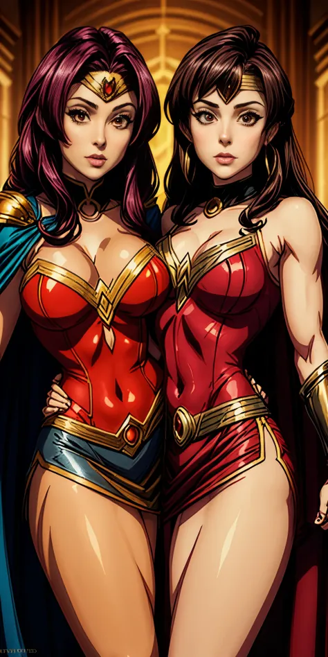 a woman in a red and gold costume posing for a picture, bright red cape on her back, faye valentine, amouranth as a super villain, cory chase as an atlantean, she-ra, she - ra, dressed as wonder woman, cinematic goddess body shot, ornate cosplay, close up ...