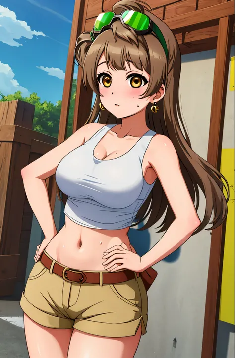 Masterpiece, best quality,solo, (cowboy shot), minami kotori, big breasts, wide hips,hand on hip,  white tank top, brown short shorts,goggles on head, ,earrings, fortune , slightly exposed midriff ,sweaty 