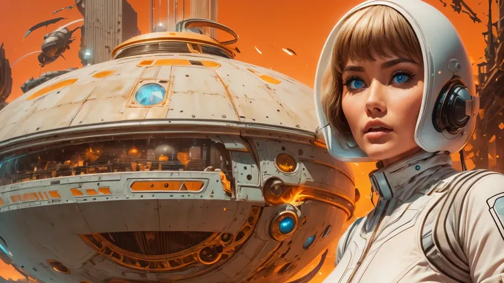 arafed image of a white woman in a futuristic suit with a spaceship in the background, movie art, in front of an orange background, inspired by Robert McGinnis, female protagonist, megastructure in the background, portrait of an ai astronaut, astronauts, a...