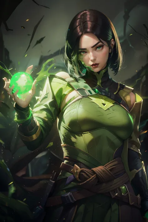 A woman in a green dress holds a green glowing ball., Maya Ali as the Lightning Mage, female earth mage, witch, Green coat, Characters from Mortal Kombat, female gangster, ด้วยGreen coat, Beautiful villain, Gamora, Promotional Art, Mortal Kombat 11, Maya A...