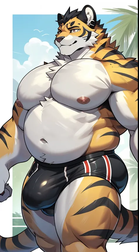 Tabaxi Knight，cheetah，youth，Handsome，Say hello by chance，Cai Xukun&#39;High quality fan art，clear lines，Earrings in the ears, ((massive pecs, huge pecs, ((bulging pecs)), sagging pecs, hard nipples, fat pecs)), ((massive bulge)), huge bulge, genital outlin...