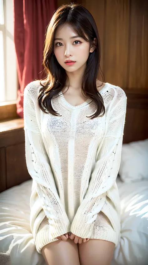 ((wearing a white virgin-killing sweater:1.5))、a beautiful and attractive 25-year-old japanese woman, perfect proportions, big b...