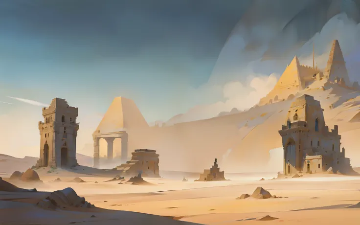 There is an image of a desert scene with a castle in the background, desert environment, templo do deserto, Deserto Deserto, ambiente empoeirado, pintura de ambiente, Arte conceitual digital suave, arte ambiental, arte conceitual de meio ambiente, Cidade d...