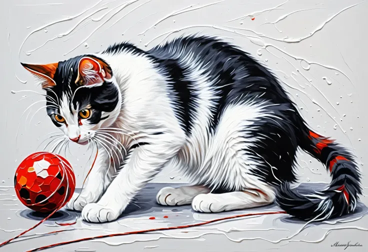 Oil painting on canvas, black-white-red spotted cat playing with a ball of thread, a combination of palette knife techniques and brushstrokes with streaks, blurred edges, focus on the cat 