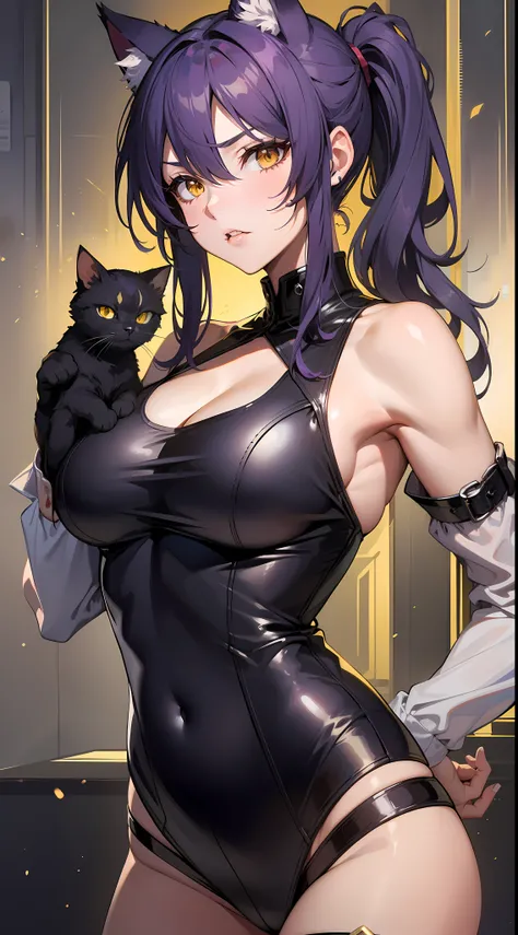 Adult woman, dark purple hair, low ponytail, golden eyes, cat ears, Killer Form, Sleeveless, anger, Masterpiece, hiquality