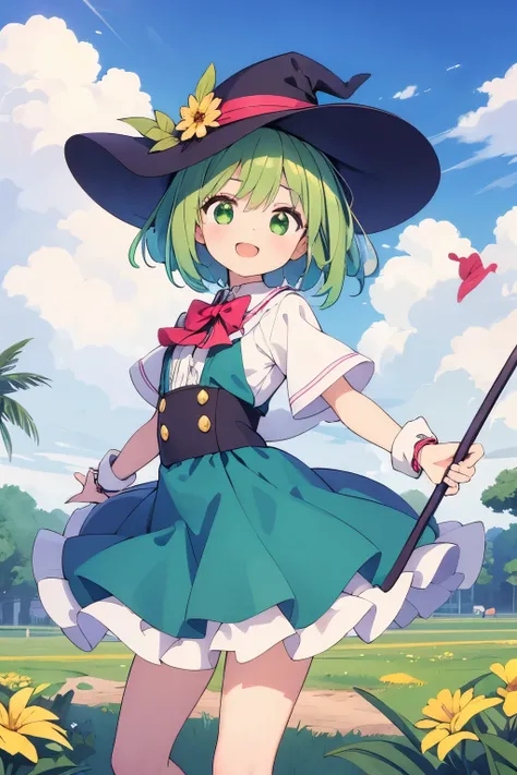 cute, girl with short green hair, vestido verde, sombrero verde de bruja, muy feliz, alegre, pradera al fondo, Magic Cane