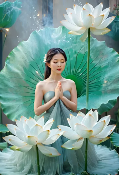 close-up hyper-realistic raw photo of a beautiful chubby asia girl, posing (praying and standing) with the hyper-giant lotus wit...