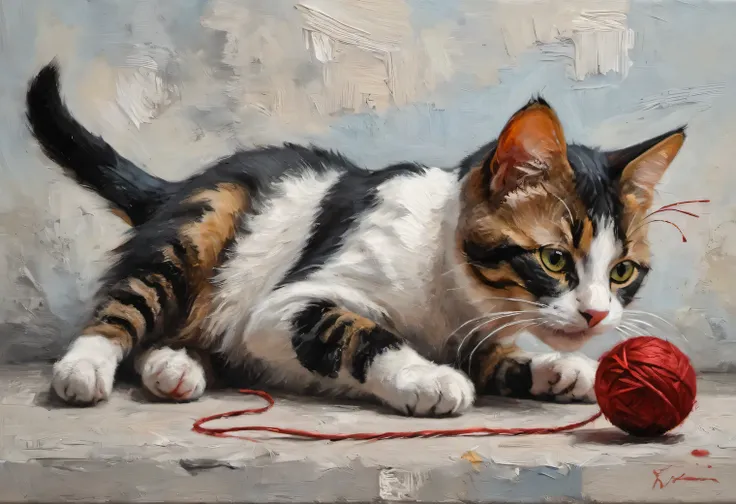 Oil painting on canvas, black-white-red spotted cat playing with a ball of thread, a combination of palette knife techniques and brushstrokes with streaks, blurred edges, focus on the cat