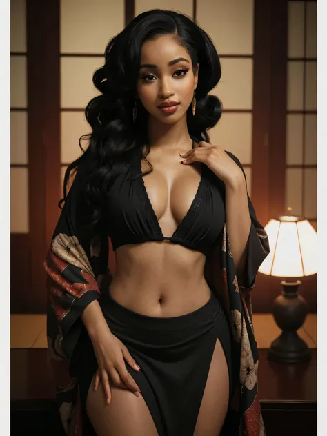 Foto hiperrealista en primer plano de Cardi B, masterpiece, best quality, (photorealistic:1.4), full body, (classy Japanese kimono and nothing underneath:1.1), black long loose sophisticated curly bun, sexy posing in a Japanese temple, neons, cinematic lig...