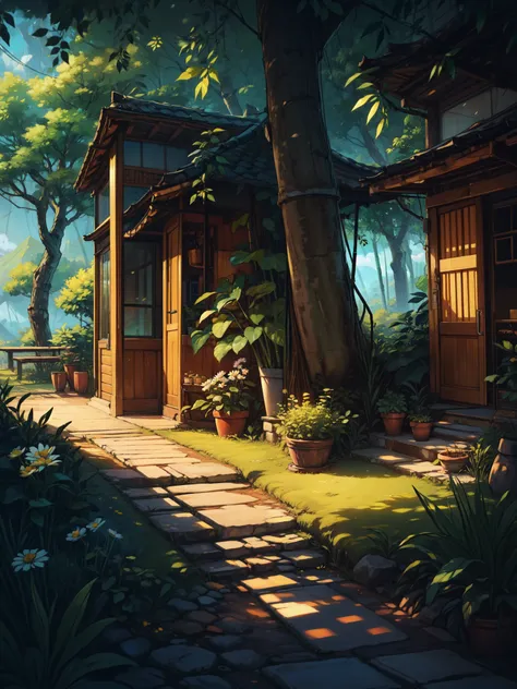 wide view, blue boho apartment, white chick carpet, Jungle, day light, cloudy sky, pine trees, calm, silence, tropical plant pots, covered with daisy flowers, yellow woodwork, aesthetics, peaceful, bamboo furniture, movie scene, aesthetics, beautiful tones...
