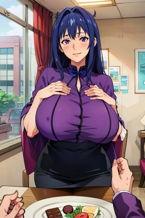 (POV Dating : 1.3), purple dress, black skirt, luxury diningroom, NJAkiV4, mature women, takeda hiromitsu style, anime cels style, best quality, high resolution, (gigantic breasts:1.3), cowboy shot, blush, smiling, (purple eyes), blue hair