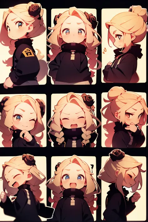 chibi, upper, body, big head, laugh, blonde, sexy, rose dress, character, traits, 9 emojis