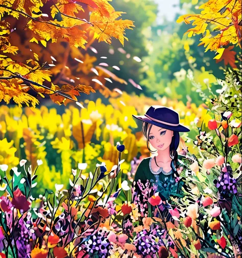 there is a woman standing in a field of flowers with a hat, girl in flowers, 🍁 cute, in the autumn, a beautiful artwork illustration, girl in a flower field, woman in flowers, illustration!, amidst nature, beautiful autumn spirit, digital illustation, amon...