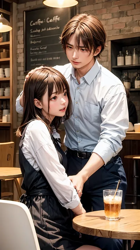 highest quality、4K quality、Man Attacking、Woman in a cafe embraced by a man、A man touches a woman&#39;s head、A man presses his hips against a woman&#39;s head、slender、Small face、20-year-old、