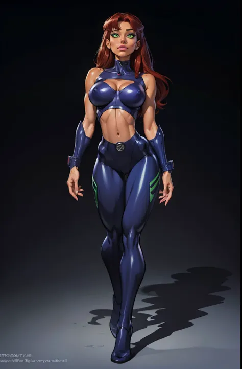 full body, standing on her feet, futuristic background, sexy appearance, starfire, red hair, ((orange skin)), ((wide hips)), large breasts,breasts together, cleavage, makeup, (purple suit), mascara, long hair, beautiful eyes, large iris, ((green eyes)), Li...