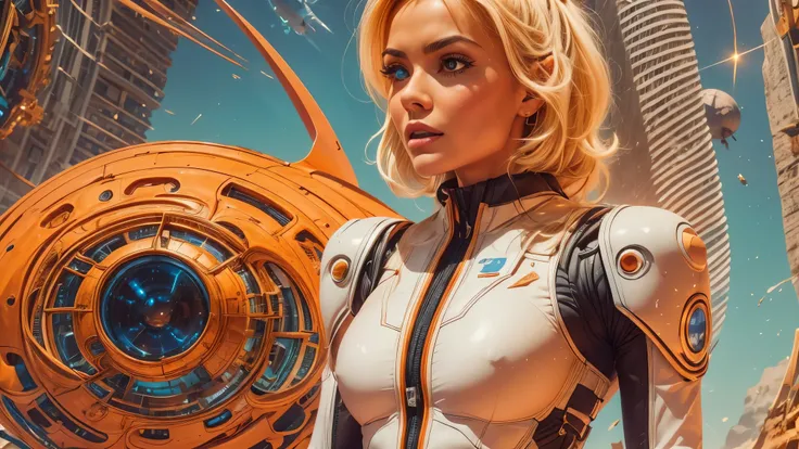 arafed image of a white woman in a futuristic suit with a spaceship in the background, movie art, in front of an orange background, inspired by Robert McGinnis, female protagonist, megastructure in the background, portrait of an ai astronaut, astronauts, a...