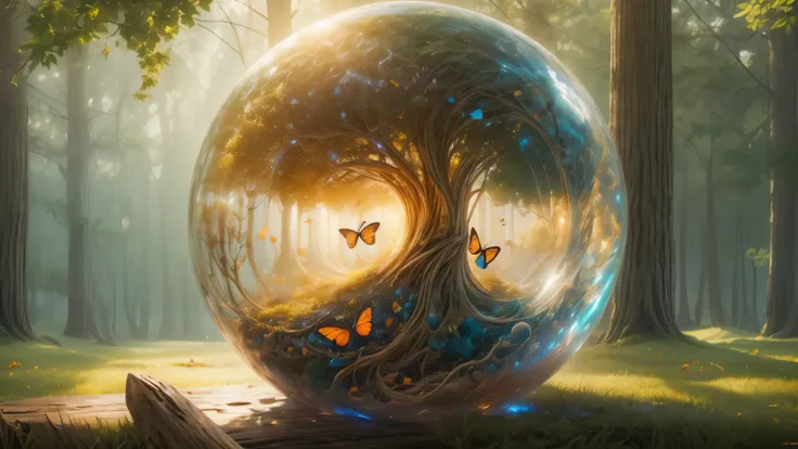 (masterpiece),(best quality:1.0), (ultra highres,), detailed, a glass ball with a tree inside of it, digital art, cg society contest winner, butterflies and sunrays, concept art design illustration, beautiful digital illustration, closed ecosystem