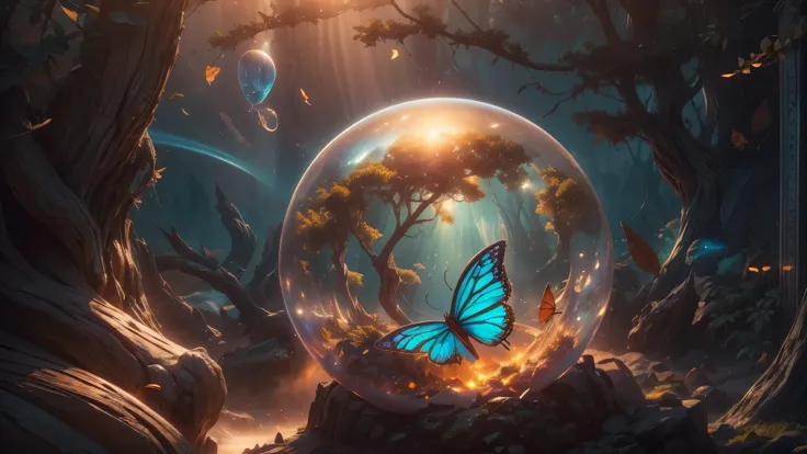 (masterpiece),(best quality:1.0), (ultra highres,), detailed, a glass ball with a tree inside of it, digital art, cg society contest winner, butterflies and sunrays, concept art design illustration, beautiful digital illustration, closed ecosystem