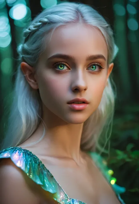 (best quality,4k,8k,highres,masterpiece:1.2),ultra-detailed,(realistic,photorealistic,photo-realistic:1.37),fantasy, (elf:1.5), beautiful girl,14 years old, close-up of face, silver hair, (iridescent slit eyes:1.4), detailed features, ethereal atmosphere, ...