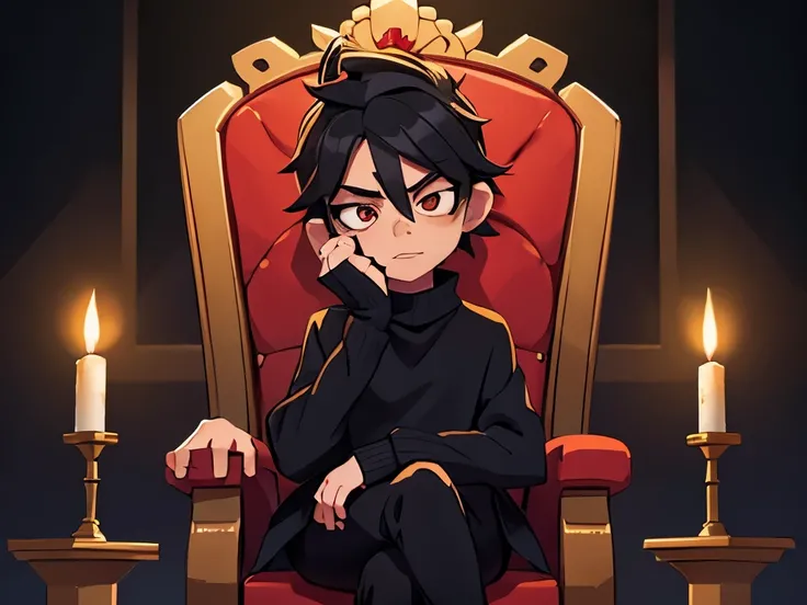 
Vampire, Androgynous; Black sweater; Wearing crown; Sitting on Throne; Leaning on left elbow; Black hair with yellow Frosted tips