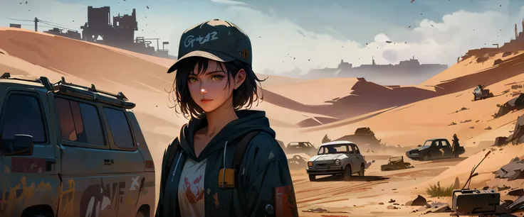 (closeup portrait:1.1), arafed woman with a gun and a hoodie standing in a desert, 4k highly detailed digital art, realistic digital art 4 k, post-apocalyptic wasteland, portait, woman, dressed in modern style with old worn and torn clothes, baseball cap a...