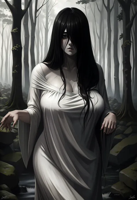 ((masterpiece)), (best quality), (absurdists), black hair, yamamura_sadako, white dress, (grey skin), hair over eyes, eyes cover...