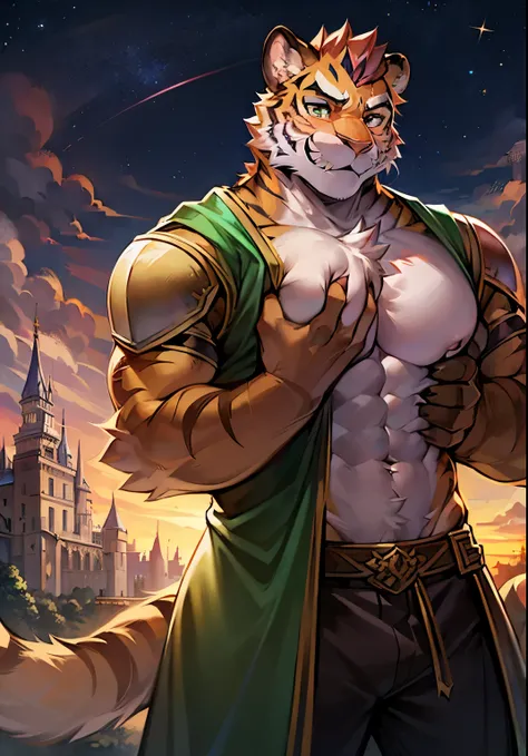 2 male, muscular body, tiger knight, standing under the stars, fantasy background with castle in the distance, facing viewer, head tilted to the side, beautiful sunset sky, wearing tunic, tiger furry character, hugging, groping