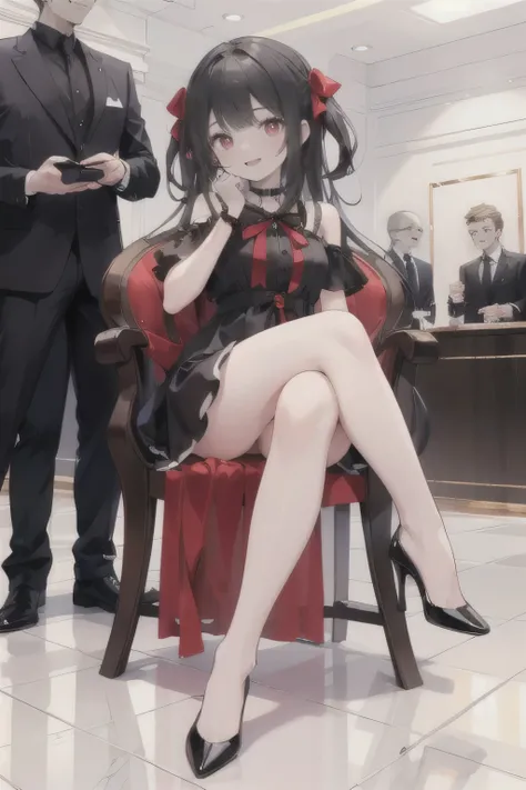 Long straight black hair,girl,black and red dress,Wear black,Sitting on a chair of pure gold and diamonds,Red pupil,laughing out loud,Black credit card in hand,Cross your legs,Black high heels,Wear black,president,He has a red bow on his head.,In the luxur...