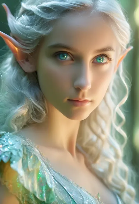 (best quality,4k,8k,highres,masterpiece:1.2),ultra-detailed,(realistic,photorealistic,photo-realistic:1.37),fantasy, (elf:1.5), the most beautiful girl,14 years old, close-up of face, silver hair, (iridescent slit eyes:1.4), detailed features, ethereal atm...