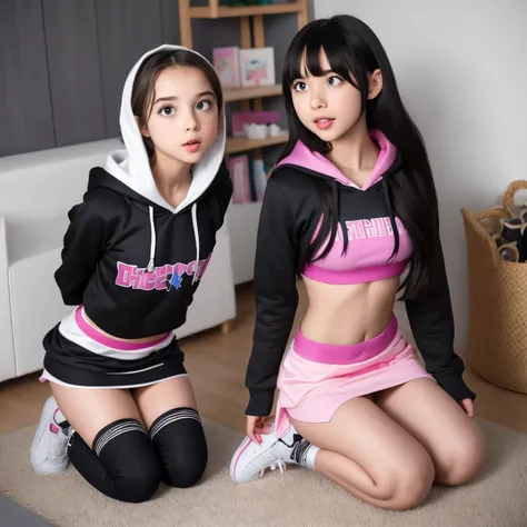 3 sweet innocent tween 18 year olds kneeling, bound, tied up, wearing crop top hoodies and short skirts, ahegao, beautiful girl,...