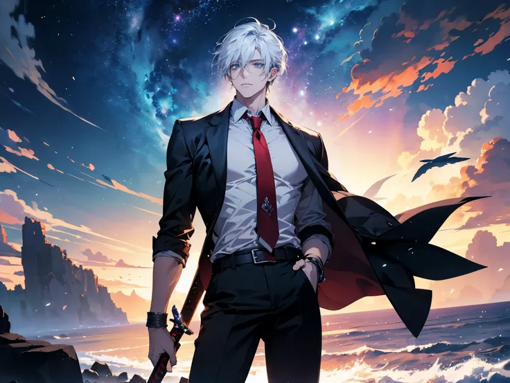 1 male,, 26 year old, masculine, short white hair, Attractive, red tie, White shirt, Rolled up sleeves, Black belt, Black pants, eyes of ocean color, Beautiful blue eyes、beautiful hair、no expression, holding a sky blue sword, black hilt, Trending on ArtSta...