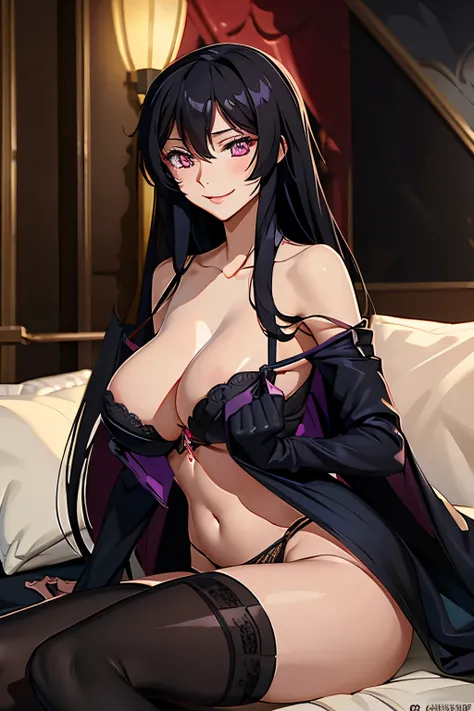 (masterpiece), Female Lelouch Lamperouge, long hair, black bra, black stockings, open legs, sexy smile, light blush, looking at viewer, huge breasts, precise hands