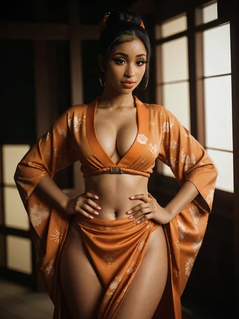 Foto hiperrealista en primer plano de Cardi B, masterpiece, best quality, (photorealistic:1.4), full body, (classy orange and white Japanese kimono with nothing underneath:1.1), black long loose curls in a sophisticated high bun, sexy posing in a Japanese ...