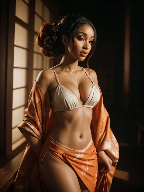 Foto hiperrealista en primer plano de Cardi B, masterpiece, best quality, (photorealistic:1.4), full body, (classy orange and white Japanese kimono with nothing underneath:1.1), black long loose curls in a sophisticated high bun, sexy posing in a Japanese ...