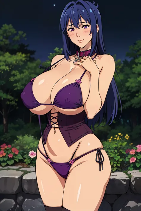 Stockings, BDSM, Slave, rubber, Black corset, shackles, collar, (pink flower pattern bikini), night forest, Nijou Aki, 27 yo, mature women, anime cels style, best quality, high resolution, (gigantic breasts:1.3), cowboy shot, blush, light smile, (purple ey...