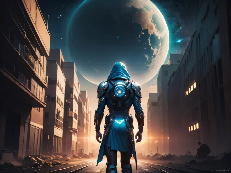 un hermoso extraterrestre con traje espacial, (planetas de fondo) Maximum image quality, detalles sobresalientes, Ultra high resolution, (Fidelidad: 1.4), detalles, (caminando), epic sky background with planets, traje cyberpunk