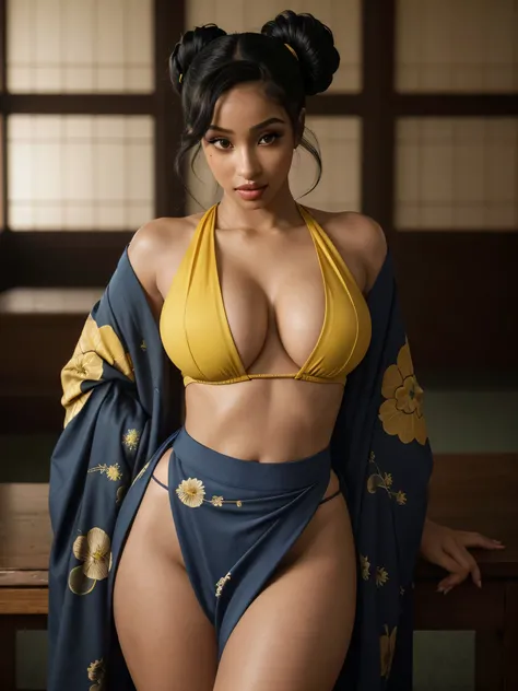 Foto hiperrealista en primer plano de Cardi B, masterpiece, best quality, (photorealistic:1.4), full body, (classy blue and yellow Japanese kimono with nothing underneath:1.1), black long loose curls in a sophisticated high bun, sexy posing in a Japanese t...