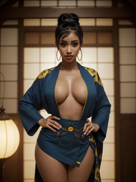 Foto hiperrealista en primer plano de Cardi B, masterpiece, best quality, (photorealistic:1.4), full body, (classy blue and yellow Japanese kimono with nothing underneath:1.1), black long loose curls in a sophisticated high bun, sexy posing in a Japanese t...