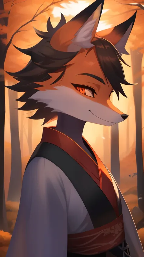 Best quality, super detailed illustration, warm colors, Ideal lighting, (Fluffy fox boy:1.4), white and black colors, feminine face and body, disheveled thick fur, samurai clothing, Japanese atmosphere ,at an outpost in the middle of the forest, smug smile...