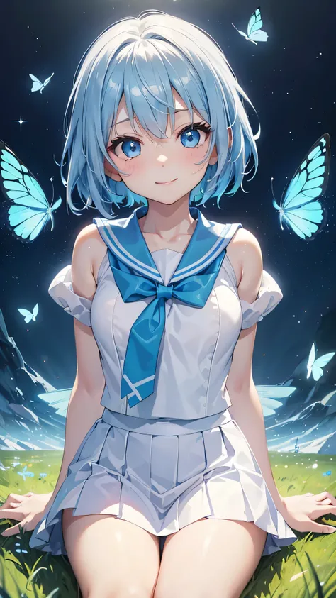 Very cute girl、(8-year-old)、Light blue hair、Short Hair、Bangs are too close to the eye、Glowing light blue eyes、(Normal human ear)、Thin arms、Beautiful body、Slim legs、Shapely breasts、Transparent white skin、smile、(Sailor suit、Blitz skirt white and blue)、Ultra ...